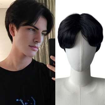 Parrucca corta e alla moda con riga laterale per uomo, facile da indossare, con retina, perfetta per il cosplay, dall'aspetto naturale e morbido