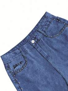 Jeans rectos y holgados de talla grande para mujer con remaches - Azul lavado oscuro - Ver 4