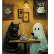 1 件/2 件复古简约可爱幻想风格帆布印刷装饰海报，两个万圣节鬼魂和一只喝咖啡的小黑猫，万圣节墙壁艺术，儿童房、咖啡馆、甜品店、万圣节主题空间的装饰品，无框