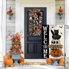Welcome Halloween Garden Flag (30cm X 45cm/12inch X 18inch) Double Sided Burlap Black Cat Ghost Boo Pumpkin Bat Spider Web Courtyard Flag Suitable For Outdoor Terrace Holiday Outdoor Halloween Decoration