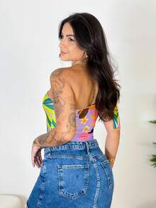 Women's Printed Macaw Bodysuit Summer  One-Shoulder Top With Single Strap - Cashew Lilac Background - View 4
