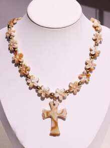 1 Peça Colar Elegante e Único de Flor e Pingente de Cruz Fashionable, de Alta Qualidade e Delicado, Joia de Uso Diário para Mulheres