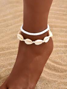 2 Piezas de pulsera de tobillo versátil con diseño trenzado de conchas, adecuado para uso diario de mujeres y para llevar a la playa