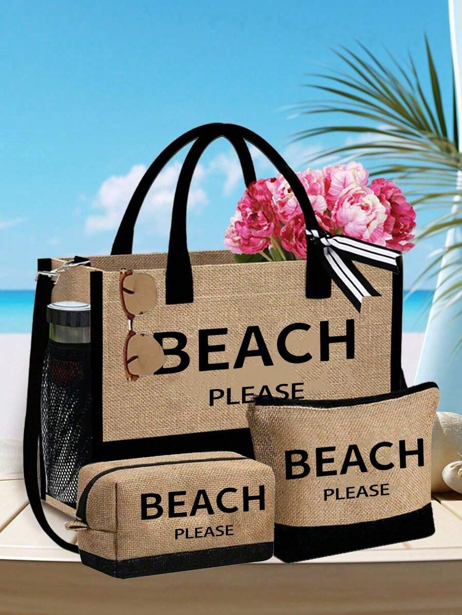 Set de 3 piezas que incluye: bolso de tela de lino con bloques de color, bolso cosmético y bolso cuadrado, serie "Playa", con gran capacidad. La correa para el hombro se puede quitar según la preferencia personal. Incluye un bolso de almacenamiento de cosméticos y un pequeño bolso cuadrado con cremallera que se puede usar como neceser, monedero o estuche de lápices.
