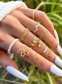 10 sztuk dziewczęcy złoty modny elegancki kwiat wycięty projekt pierścionka combo - nadaje się do codziennego dopasowania dekoracji