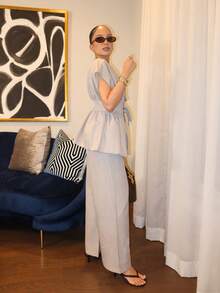 Melissa Matos Set elegant minimalist, elegant, din fibră de bambus, cu decolteu în V, cu talie strânsă și pantaloni cu talie înaltă și croială dreaptă, pentru birou, casual, de vară