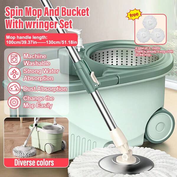 Green Mop Bucket With 360° Swivel Mop System - Includes 3 Superfine Fiber Mop Heads, Adjustable Handle, Durable Plastic Construction, Ideal For Bathroom, Kitchen, And Store Floor Cleaning, Mop Bucket|Ergonomic Handle|Durable Plastic, Mop Bucket For Bathroom