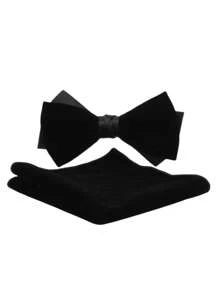 Men's Cotton Velvet Bowknot & Pocket Square Matching Set - Solid Color Formal Wedding Party Accessories