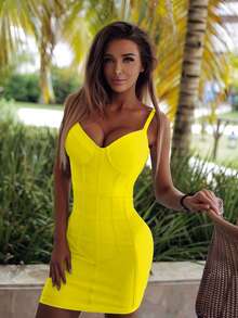 Summer Fashion Sexy Elegant Spaghetti Strap Ribbed Short Bodycon Dress Bandage Dress Yellow Night Out Evening Cocktail Party Dress For Women - Yellow - View 2