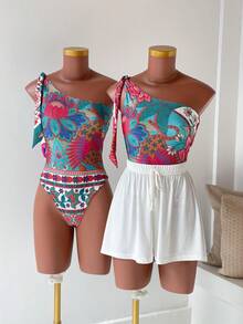 Women's Printed Macaw Bodysuit Summer  One-Shoulder Top With Single Strap - Fresh Landscape - View 1
