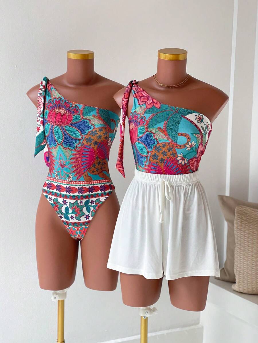 Women's Printed Macaw Bodysuit Summer One-Shoulder Top With Single Strap - Fresh Landscape - View 1