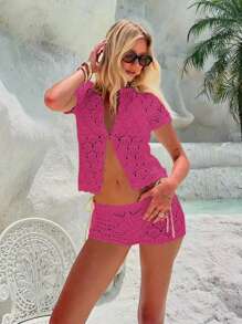 Women's Summer Vacation Outfits Crochet Mesh Sexy Hollow Beach Short Sleeve Knit Cardigan +Shorts 2 Pieces Set - Vacation 2 Pieces Sets Woman, Crochet Cover Club Outfits Women Sexy Slim Fit