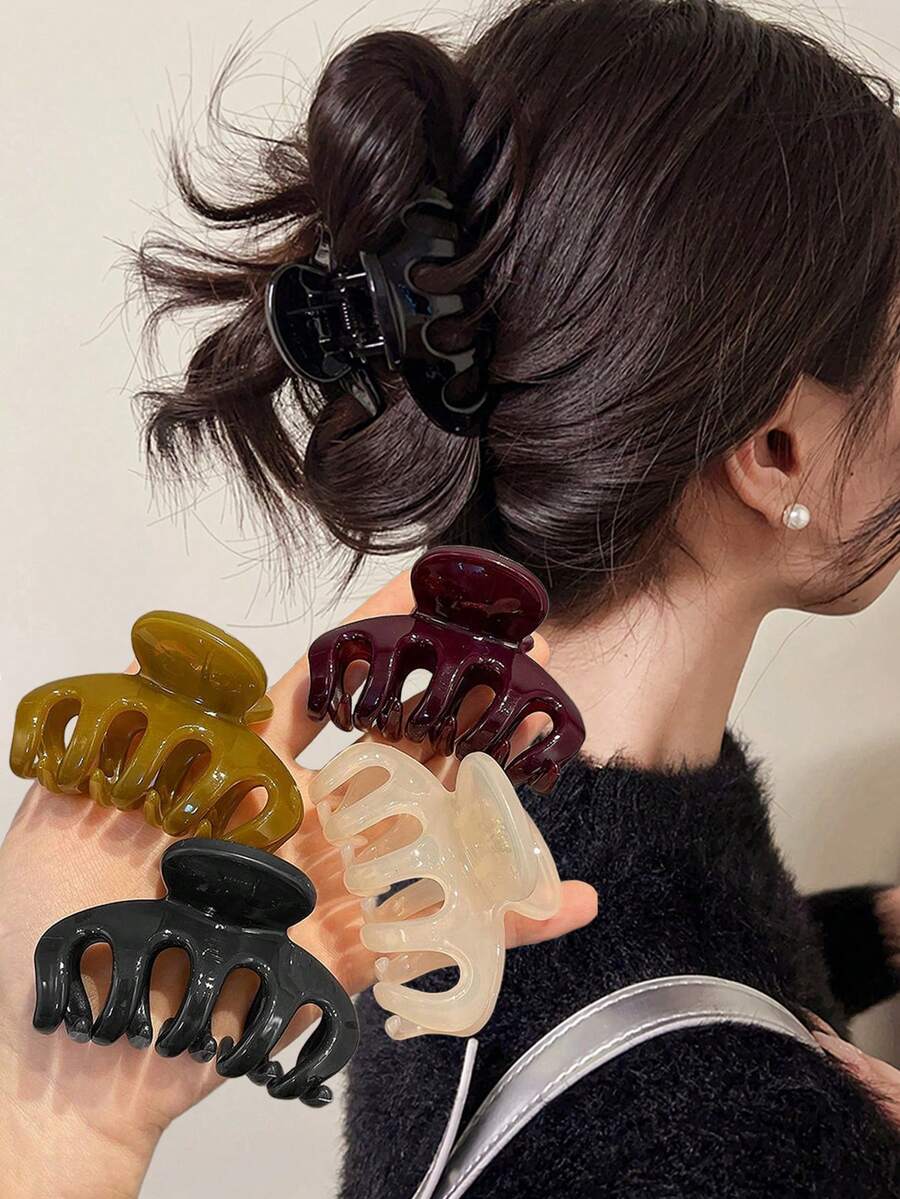 4 piezas/1 pieza 6,8 cm Pinzas de plástico para el cabello de color negro, beige, café, rojo oscuro. Accesorios de cabello elegantes, versátiles y de alta gama de unicolor, adecuados para uso diario, casual, fiesta, viaje, coleta, moño, lavado de cara, maquillaje, combinación de atuendos. Pinzas de belleza para el cabello casual para otoño e invierno. - Multicolor - Ver 1