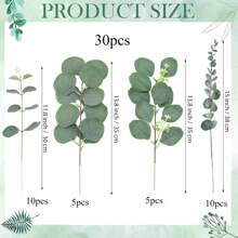 30/60 pièces 4 sortes de tiges de feuilles d'eucalyptus mixtes artificielles, feuilles d'eucalyptus dollar d'argent artificielles, pulvérisation de verdure artificielle fausse pour bouquet de mariage, centres de table, arrangement floral, décoration