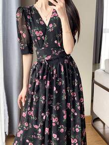 Women's V-Neck Short Sleeve Tie Floral Maxi Dress, High Waist Slim Fit Slit A-Line Dress, Summer Casual Wear For Daily, Date, Beach Vacation, Summer Dresses For Women - 黑色 - 查看 5