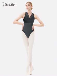 DonsGirl 一件式女式蕾丝刺绣背心，适合芭蕾舞、现代舞、古典舞和体操连体衣，性感女孩紧身衣 - 黑色 - 查看 7