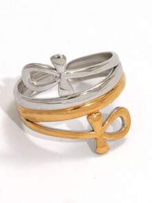 1PC Egyptian Key Of Life Cross Ring Women Stainless Steel Open Ring Fashion Durable Unique Daily Wear Jewelry Adjustable Ring Festival Daily Wear - Gold and Silver - View 4