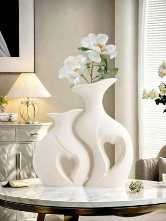 1 set van een prachtig formaat, romantische hartvormige, van hars gemaakte dubbele vazenset - moderne minimalistische stijl, puur wit kleurenschema, hartvormig ontwerp, voor het plaatsen van gedroogde bloemen, geschikt voor woonkamerdecoratiescenario's, slaapkamerversiering, huisesthetiek en allerlei warme scenario's