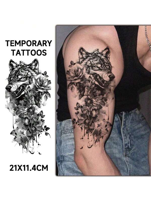 1 pieza Tatuaje temporal extra grande con diseño de lobo y flor, tatuaje corporal falso realista e impermeable para brazo/pierna/pecho/cintura, pegatina de tatuaje desechable unisex de múltiples usos - seguro, fácil de aplicar y quitar, pegatina decorativa de arte corporal para viaje diario, playa y regalo DIY