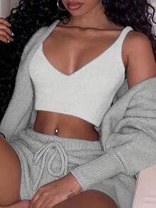 3pcs Womens Clothing Long Sleeve Crop Tank Top And Drawstring Shorts Pajama Set - Pink Color - View 3