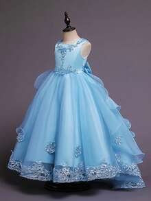 Flower Girl Dress Princess Puffy Tulle Dresses Bridesmaid Wedding Birthday Party Pageant Maxi Prom Gown For Kids - Màu xanh nhạt - Xem 4