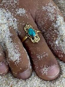 1 pieza Tobillera ajustable con incrustaciones de turquesa falsa, anillo para el pie de tono dorado vintage de cobre con acabado hueco, adecuado para mujeres, uso diario, vacaciones en la playa, fiestas