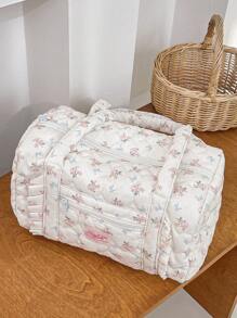 1Pc Floral And Bow Knot With Ruffles Duffel Bag ,Girls Travel Bag ,Girls Weekend Bag ,Women Shoulder Bag,Yoga Bag ,Sports Bag,Girls Weekend Bag ,Girl Duffel Bag ,Girls Luggage Bag Quilted Zipper Handbag Suitable For Ladies And Girls, Gift For Valentines Gift ,New Year Gift Bag For School School Accessories School Stuff