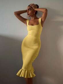 女士针织白色优雅性感荷叶边上衣和裙子套装，夏季日常服装，女士度假服装，辣妹服装 - 黃色 - 查看 3