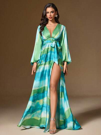 Bernatova Spring/Summer Sexy V-Neck High Waist Long Sleeve A-Line Print Casual Evening Gown, Navy Blue Slit Fitted Vintage Elegant Long Special Occasion Dress, Suitable For Wedding Guests, Celebrities, Anniversaries, Graduation Ceremonies, Birthdays, Cocktail Parties, Etc.