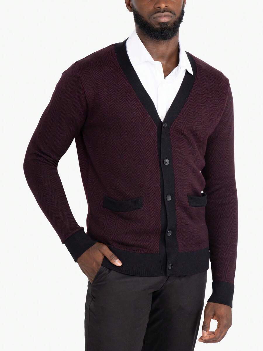 Men's Herringbone Cardigan Sweater - Oxblood/Black - View 1