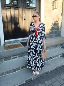 Melissa Matos Rochie casual cu mânecă lungă și nod în față, cu imprimeu contrastant, pentru femei - Albastru - Vizualizare 4