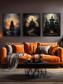 Juego de 3 obras de arte de lienzo de Halloween, arte de pared de academia oscura, bruja espeluznante, gato negro, castillo, carteles, impresiones, thriller, horror, decoración gótica de pared para fiesta de Halloween, decoración de la habitación, decoración gótica, decoración de dormitorio, decoración de sala de estar