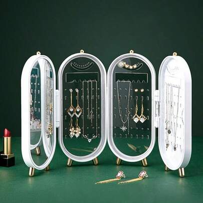 Foldable Earring Holder Jewelry Organizer Box With Mirror, 4-Layer Dustproof Earring Necklace Display Stand Jewelry Box With 153 Holes For Women, Jewelry Towers