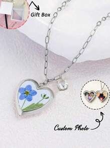 Custom Photo Necklace, Handmade Women's Forget-Me-Not Flower Photo Locket Necklace, Customized Family, Couple, Kids Or Pet Photos, Great For Graduation Gift, Best Friend Keepsake, Birthday, Anniversary