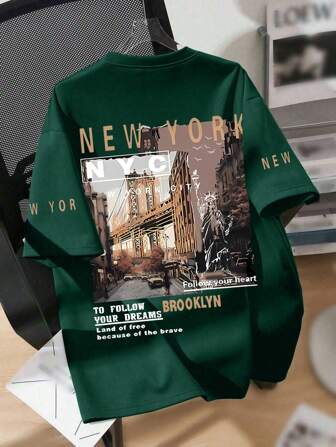 New York Boy Graphic Round Neck T-Shirt, Boys' Casual Soft Top For Summer