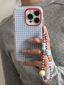 Funda de teléfono con patrón de cuadros azules al estilo coreano, compatible con iPhone 16 Pro Max, 15, 13 Pro, 14, 12, 11 Plus, con una pulsera de cadena de color contrastante y cubierta suave