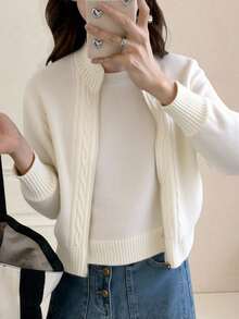 Zalla Women's Knitted Blouse With Front Zipper And Differentiated Texture, Korean Cropped Style - 白色 - 查看 1