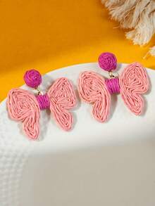 波西米亚风粉色拉菲草蝴蝶流苏耳环，甜美时尚编织耳环，适合女士，节日穿着