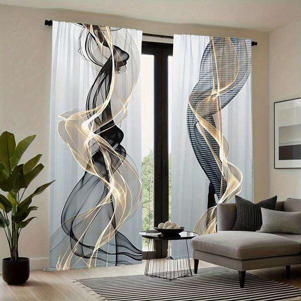 2pcs Of Black And Golden Smoke Pattern Curtains Abstract Geometric Flow Art Line Design Curtains 3D Solid Printing Sunshade Curtains Living Room, Bedroom, Study Balcony, Office Window Decoration Minimalist Style Decoration Creates A Stylish Atmosphere