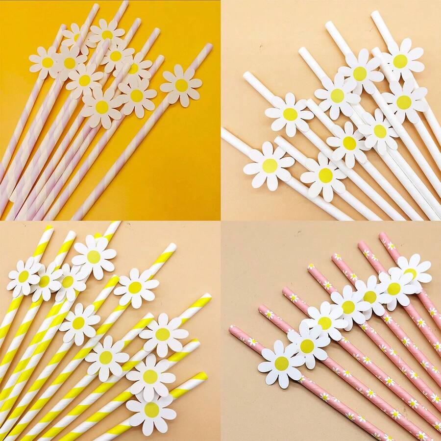 20/40 根雏菊纸吸管，粉色/黄色/紫色/白色，花形吸管 - 优质牛皮纸，粉色色调，婚礼必备，适合夏威夷派对、家庭聚会、生日、派对用品和婚礼装饰。 - 彩色 - 查看 1