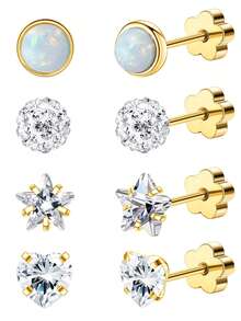 4 对女士防过敏平背耳环不锈钢软骨耳环平背心形星形花朵手工螺丝背耳环适合敏感肌肤午睡耳环 - 4對 - 查看 15