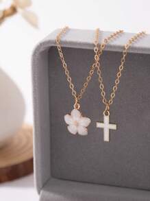2pcs/Set Fashion Delicate Elegant Sweet Cross & Five-Petal Flower Pendant Necklace For Women, Suitable For Summer Beach Party Holiday Travel Daily Wear, Gift For Girlfriend/Wife