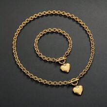 1 Set de joyas de acero inoxidable de moda que incluye un collar con dije de corazón brillante, pulsera y aretes, adecuado para conjuntos de oficina o de viaje al aire libre para mujeres