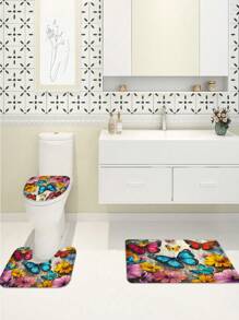 4 Peças Conjunto de Banheiro com Estampa Floral Primaveril de Jardim - Inclui Cortina de Chuveiro Lavável com 12 Ganchos, Tapete Antiderrapante, Tapete de Vaso Sanitário em Formato de U, Tampa de Assento Sanitário e Decoração de Banheiro de Volta às Aulas