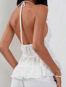 Women's Lace Halter Tops Stylish Solid Ruffled Hem Backless Sleeveless Vest For Summer - White - View 6