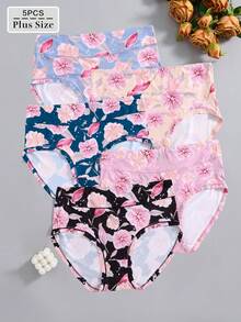 5 peças/pacote Calcinha de Maiô Bikini de Cintura Alta Confortável com Estampa de Girassol em Plus Size