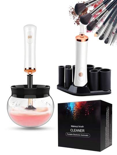 1 件纸盒装化妆刷清洁器 - 电动刷子清洁器和烘干机，方便省时的辅助工具，配有 8 种尺寸的橡胶圈，可在几秒钟内清洁和干燥化妆刷，旋转刷清洗机