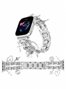 Silver Metal Band Compatible With Apple Watch Bands 49/46/45/44/42/41/40/38mm Women,Stylish Love With Cute Charms Pendants Dressy Wristband For Series 10 Ultra 2 9 8 7 6 5 4 3 2 SE