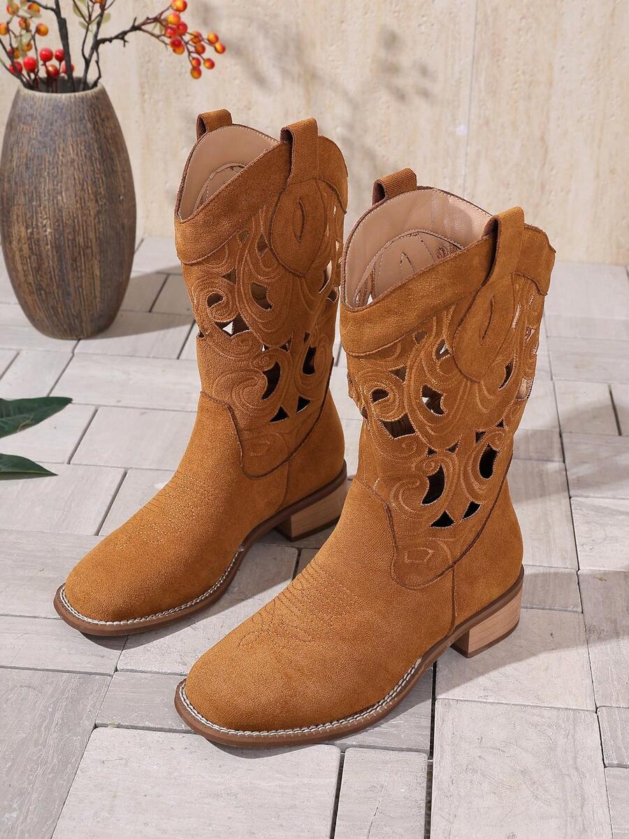 Giày bốt cổ ngắn thêu da lộn màu nâu dành cho nữ Thu/Đông 2025, gót dày, mũi vuông, bốt kiểu miền Tây cao đến giữa bắp chân, bốt cao bồi đa năng thời trang, hàng mới về Xuân/Hè, bốt cao bồi - màu nâu - Xem 1