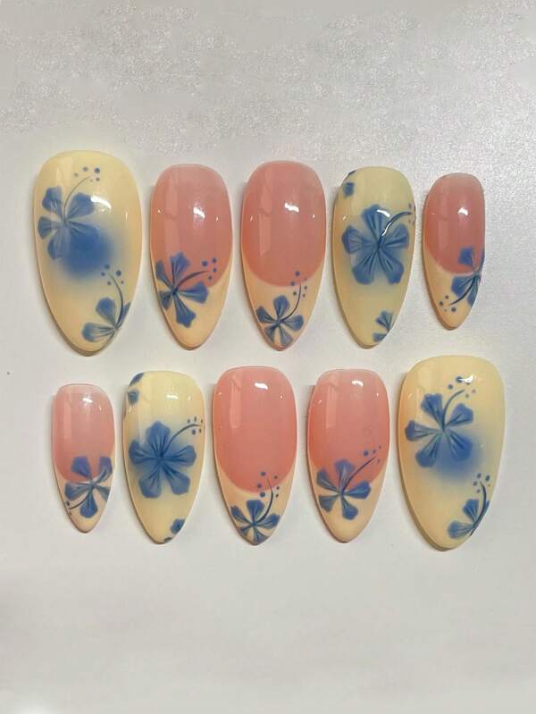 Chinese Style Spring/Summer 10-Piece Long Almond Handmade Press-On Nails.Adorned With Elegant Floral Motifs, These Nails Exude Fresh And Gentle French-Inspired Charm, Blending Traditional Chinese Aesthetics With Seasonal Appeal.